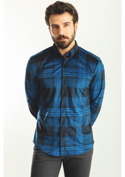 Desenli Koyu Lacivert Slim Fit Erkek Gömlek modelleri