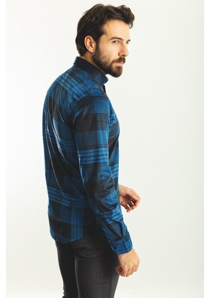 Desenli Koyu Lacivert Slim Fit Erkek Gömlek fırsatları