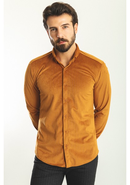 Çizgili Kamel Rengi Slim Fit Erkek Gömlek modelleri