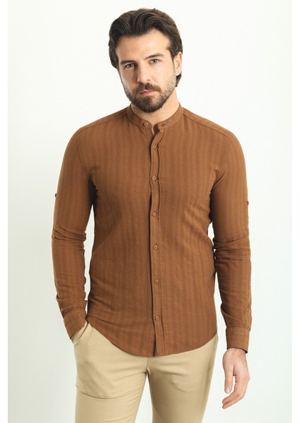 Çizgi Desenli Açık Kahverengi Slim Fit Hakim Yaka Uzun Kollu Erkek Gömlek