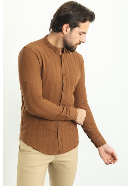 Çizgi Desenli Açık Kahverengi Slim Fit Hakim Yaka Uzun Kollu Erkek Gömlek fırsatları