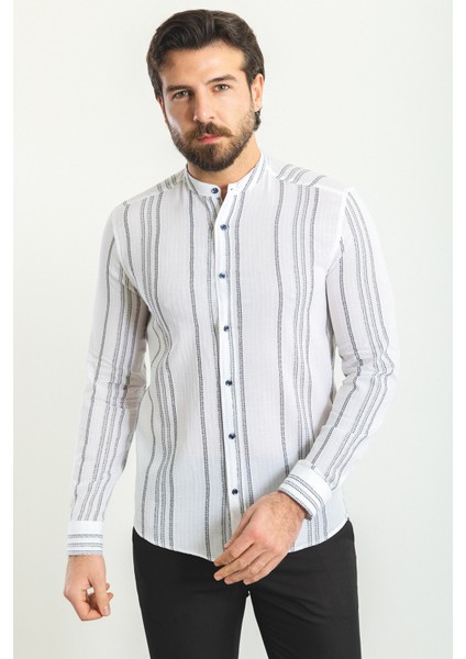 Çizgili Beyaz Renk Slim Fit Hakim Yaka Uzun Kollu Erkek Gömlek
