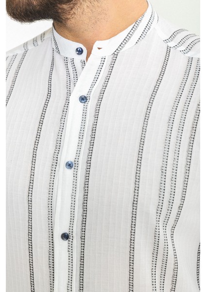 Çizgili Beyaz Renk Slim Fit Hakim Yaka Uzun Kollu Erkek Gömlek fiyatları