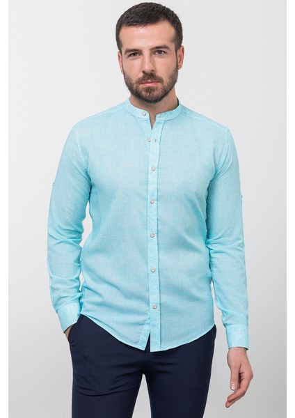 Desenli Yeşil Renk Slim Fit Hakim Yaka Uzun Kollu Keten Erkek Gömlek modelleri