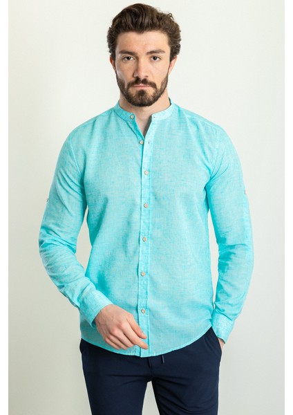 Desenli Yeşil Renk Slim Fit Hakim Yaka Uzun Kollu Keten Erkek Gömlek fırsatları