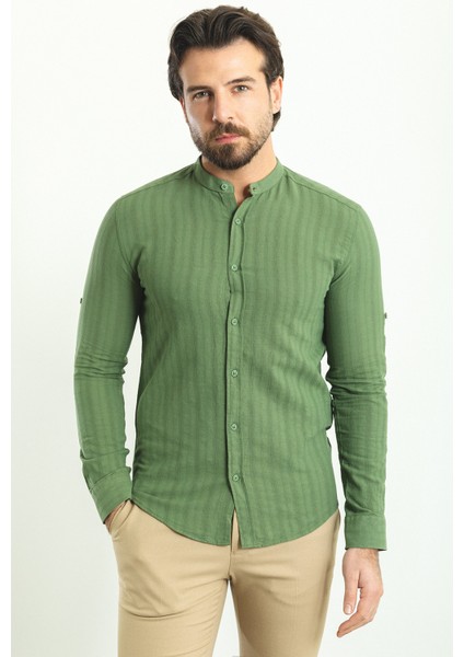 Çizgi Desenli Yeşil Rengi Slim Fit Hakim Yaka Uzun Kollu Erkek Gömlek