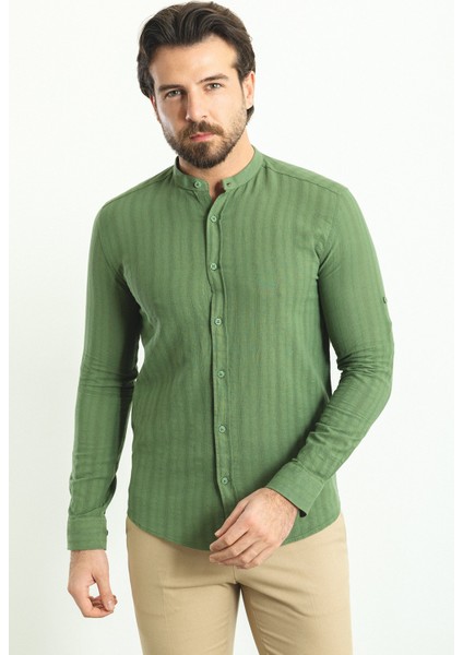 Çizgi Desenli Yeşil Rengi Slim Fit Hakim Yaka Uzun Kollu Erkek Gömlek modelleri