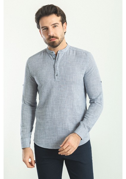 Desenli Lacivert Renk Slim Fit Hakim Yaka Uzun Kollu Erkek Gömlek modelleri