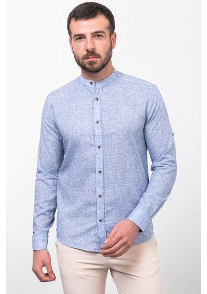 Desenli Lacivert Renk Slim Fit Hakim Yaka Uzun Kollu Keten Erkek Gömlek