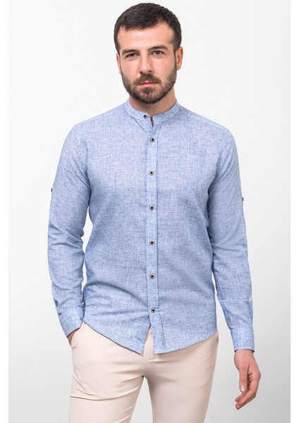 Desenli Lacivert Renk Slim Fit Hakim Yaka Uzun Kollu Keten Erkek Gömlek modelleri