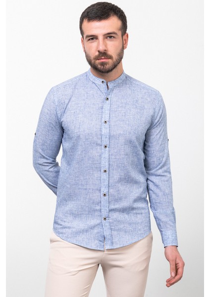 Desenli Lacivert Renk Slim Fit Hakim Yaka Uzun Kollu Keten Erkek Gömlek fırsatları