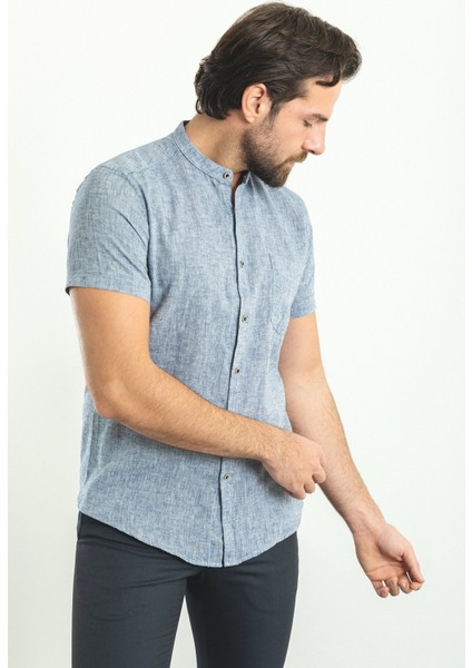 Kırçıllı Açık Lacivert Slim Fit Hakim Yaka Kısa Kollu Keten Erkek Gömlek