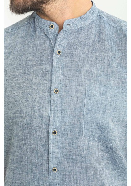 Kırçıllı Açık Lacivert Slim Fit Hakim Yaka Kısa Kollu Keten Erkek Gömlek fiyatları