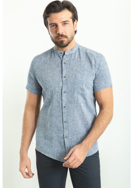 Kırçıllı Açık Lacivert Slim Fit Hakim Yaka Kısa Kollu Keten Erkek Gömlek modelleri