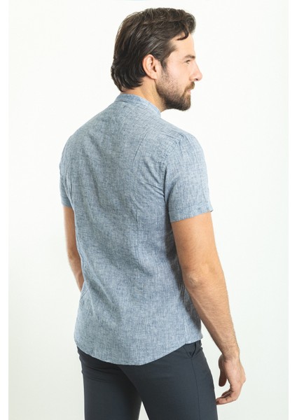 Kırçıllı Açık Lacivert Slim Fit Hakim Yaka Kısa Kollu Keten Erkek Gömlek fırsatları