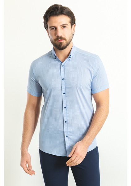 Desenli Mavi Renk Slim Fit Kısa Kollu Erkek Gömlek