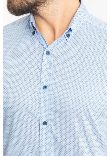Desenli Mavi Renk Slim Fit Kısa Kollu Erkek Gömlek fiyatları