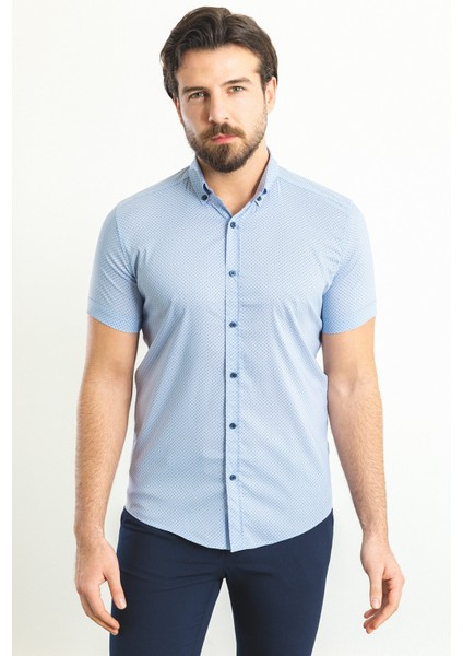 Desenli Mavi Renk Slim Fit Kısa Kollu Erkek Gömlek modelleri