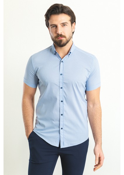 Desenli Mavi Renk Slim Fit Kısa Kollu Erkek Gömlek fırsatları