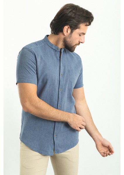 Kırçıllı Koyu Lacivert Slim Fit Hakim Yaka Kısa Kollu Keten Erkek Gömlek