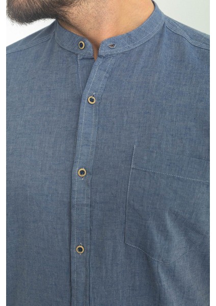 Kırçıllı Koyu Lacivert Slim Fit Hakim Yaka Kısa Kollu Keten Erkek Gömlek fiyatları