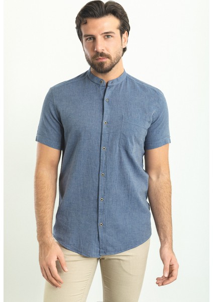 Kırçıllı Koyu Lacivert Slim Fit Hakim Yaka Kısa Kollu Keten Erkek Gömlek modelleri