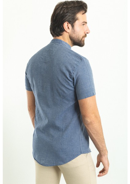 Kırçıllı Koyu Lacivert Slim Fit Hakim Yaka Kısa Kollu Keten Erkek Gömlek fırsatları