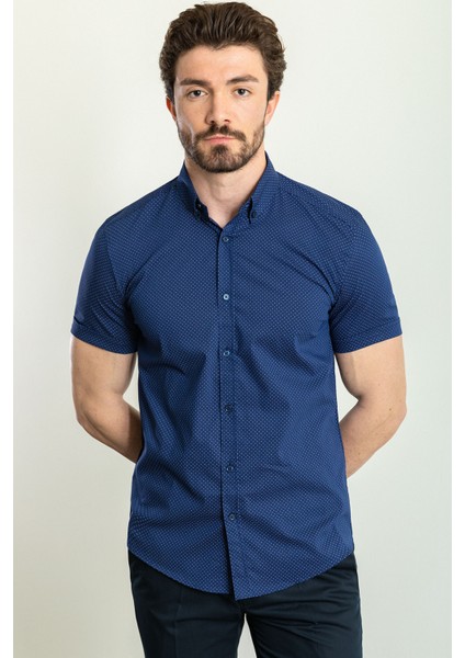 Desenli Lacivert Renk Slim Fit Kısa Kollu Erkek Gömlek modelleri