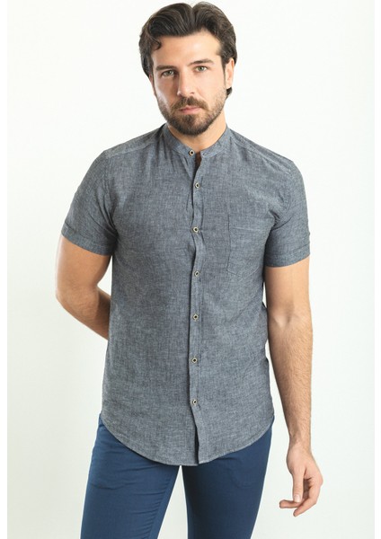 Kırçıllı Antrasit Rengi Slim Fit Hakim Yaka Kısa Kollu Keten Erkek Gömlek