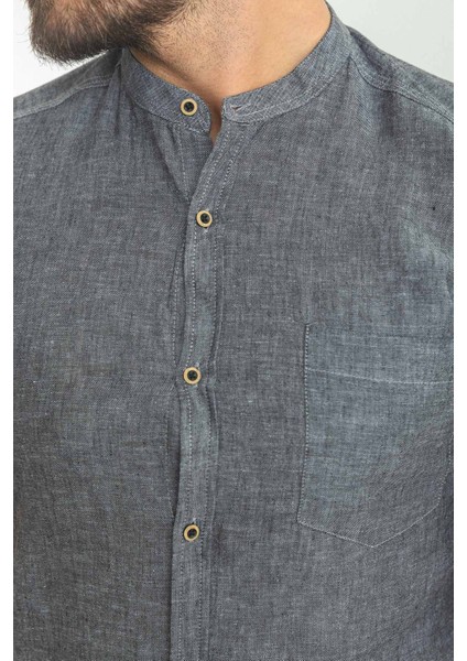 Kırçıllı Antrasit Rengi Slim Fit Hakim Yaka Kısa Kollu Keten Erkek Gömlek fiyatları