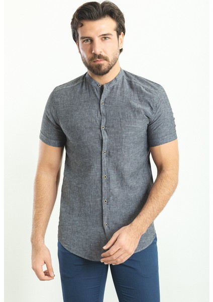 Kırçıllı Antrasit Rengi Slim Fit Hakim Yaka Kısa Kollu Keten Erkek Gömlek modelleri