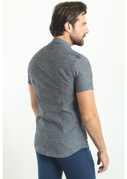 Kırçıllı Antrasit Rengi Slim Fit Hakim Yaka Kısa Kollu Keten Erkek Gömlek fırsatları