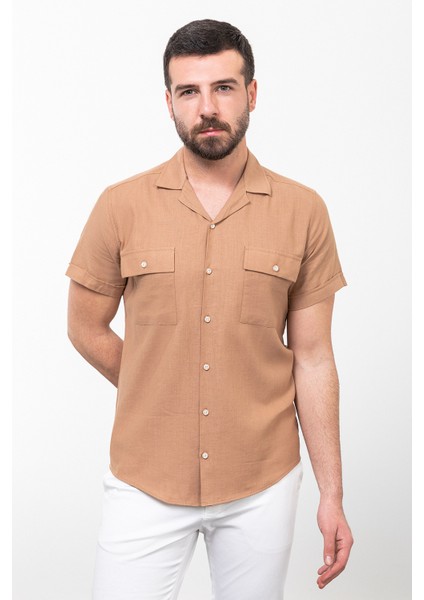 Çizgili Slim Fit Apaç Yaka Kısa Kollu Keten Erkek Gömlek