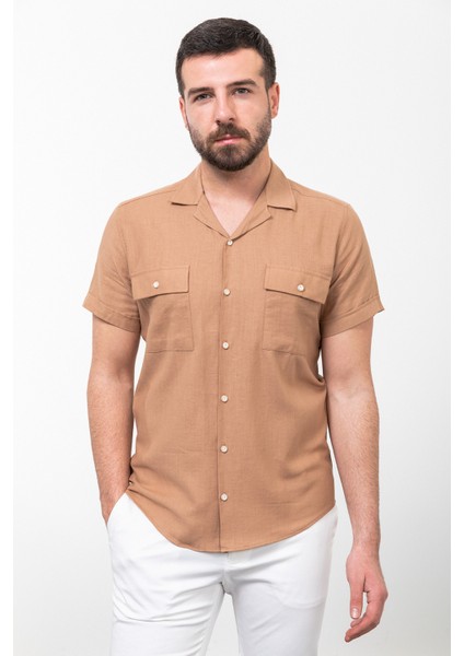 Çizgili Slim Fit Apaç Yaka Kısa Kollu Keten Erkek Gömlek modelleri