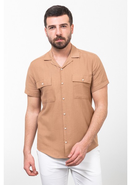 Çizgili Slim Fit Apaç Yaka Kısa Kollu Keten Erkek Gömlek fırsatları