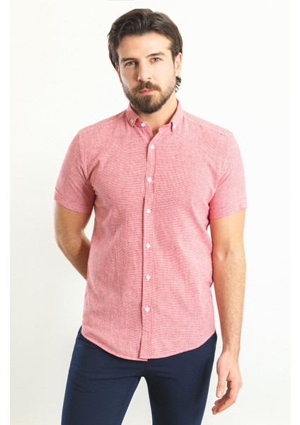 Kareli Bordo Renk Slim Fit Kısa Kollu Keten Erkek Gömlek