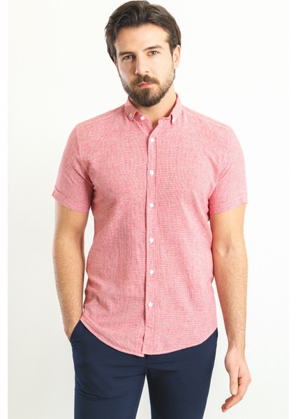 Kareli Bordo Renk Slim Fit Kısa Kollu Keten Erkek Gömlek modelleri