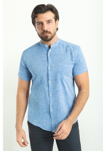 Kırçıllı Saks Rengi Slim Fit Hakim Yaka Kısa Kollu Keten Erkek Gömlek