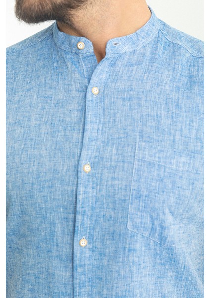 Kırçıllı Saks Rengi Slim Fit Hakim Yaka Kısa Kollu Keten Erkek Gömlek fiyatları