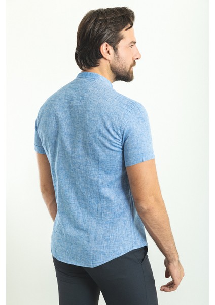 Kırçıllı Saks Rengi Slim Fit Hakim Yaka Kısa Kollu Keten Erkek Gömlek fırsatları