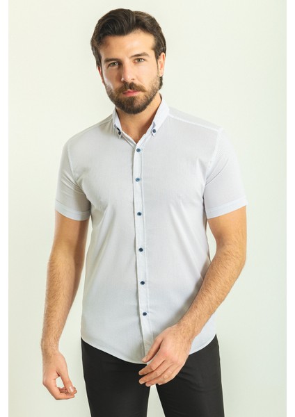 Desenli Beyaz Renk Slim Fit Kısa Kollu Erkek Gömlek