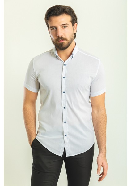 Desenli Beyaz Renk Slim Fit Kısa Kollu Erkek Gömlek modelleri