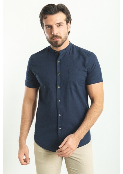 Kırçıllı Lacivert Renk Slim Fit Hakim Yaka Kısa Kollu Keten Erkek Gömlek