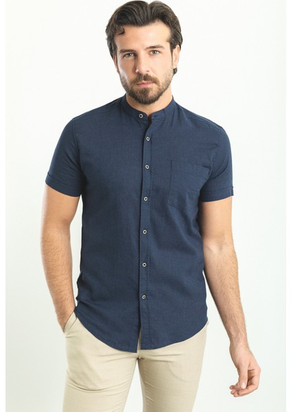 Kırçıllı Lacivert Renk Slim Fit Hakim Yaka Kısa Kollu Keten Erkek Gömlek modelleri