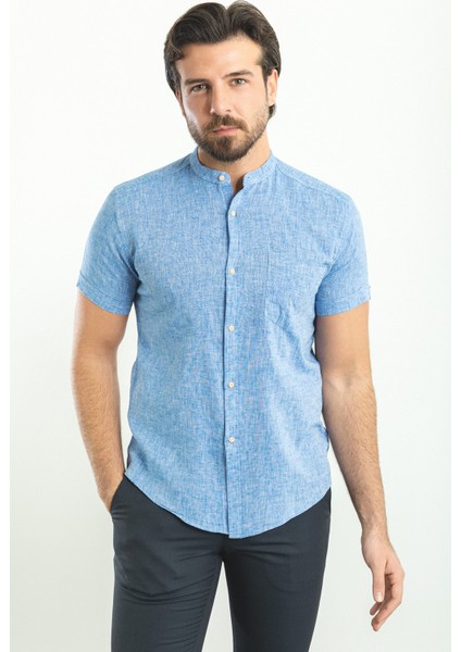 Kırçıllı Saks Rengi Slim Fit Hakim Yaka Kısa Kollu Keten Erkek Gömlek