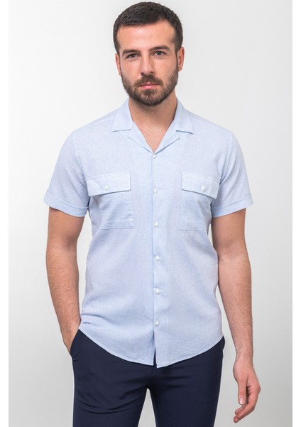 Kırçıllı Mavi Renk Slim Fit Apaç Yaka Kısa Kollu Erkek Gömlek