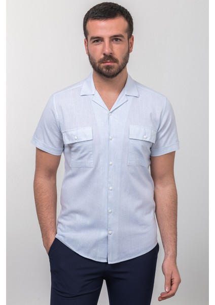 Kırçıllı Mavi Beyaz Renk Slim Fit Apaç Yaka Kısa Kollu Erkek Gömlek