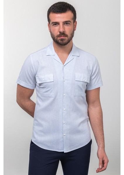 Kırçıllı Mavi Beyaz Renk Slim Fit Apaç Yaka Kısa Kollu Erkek Gömlek modelleri