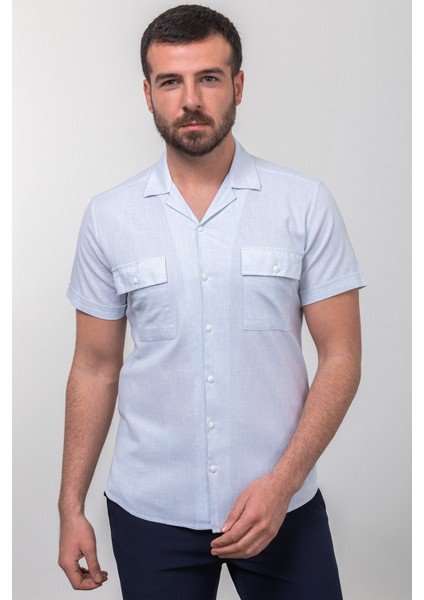 Kırçıllı Mavi Beyaz Renk Slim Fit Apaç Yaka Kısa Kollu Erkek Gömlek fırsatları