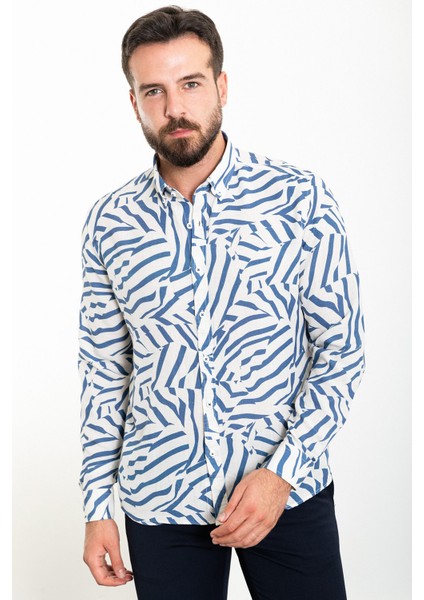 Desenli Lacivert Slim Fit Uzun Kollu Erkek Gömlek